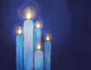 Five lit candles on a blue background