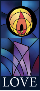 A stained glass picture of a lit candle, and the word LOVE